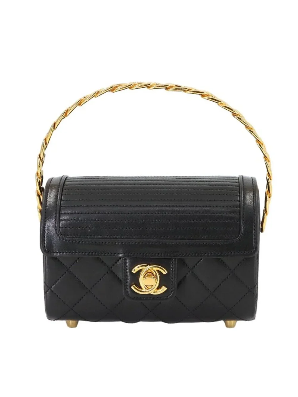 Chanel Quilted Top Handle Flap Hand Bag Lambskin Black Vintage